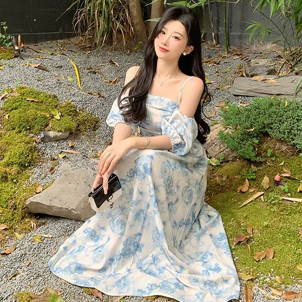 Elegant Floral Pattern Spaghetti Strap Sleeveless Maxi Dress