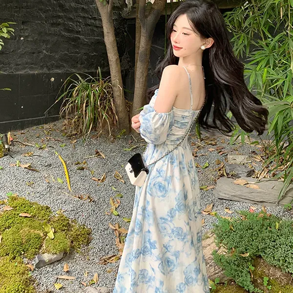 Elegant Floral Pattern Spaghetti Strap Sleeveless Maxi Dress