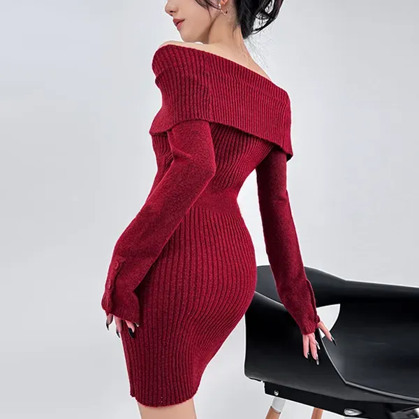 Thumbnail of Stylish Off-Shoulder Ribbed Knit Bodycon Mini Dress