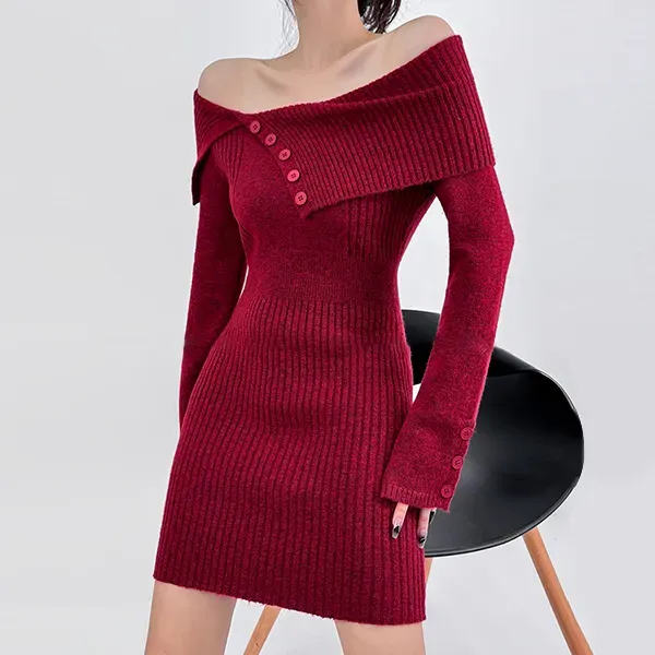 Thumbnail of Stylish Off-Shoulder Ribbed Knit Bodycon Mini Dress