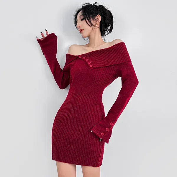 Stylish Off-Shoulder Ribbed Knit Bodycon Mini Dress