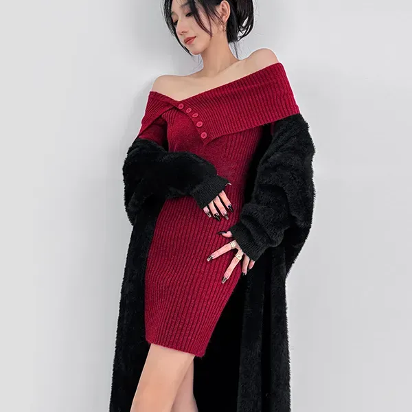 Stylish Off-Shoulder Ribbed Knit Bodycon Mini Dress
