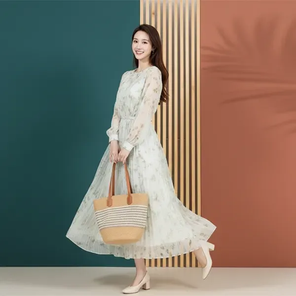 Elegant Floral Pattern V Neck Long Sleeves Maxi Dress With Puff Sleeves