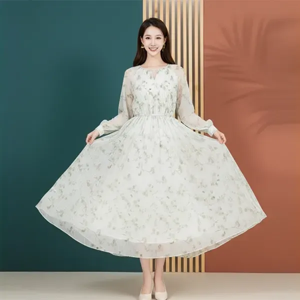 Elegant Floral Pattern V Neck Long Sleeves Maxi Dress With Puff Sleeves