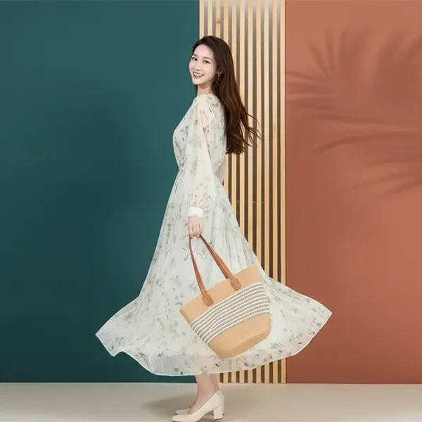 Elegant Floral Pattern V Neck Long Sleeves Maxi Dress With Puff Sleeves