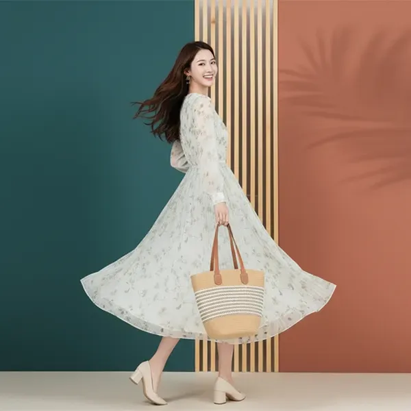 Thumbnail of Elegant Floral Pattern V Neck Long Sleeves Maxi Dress With Puff Sleeves