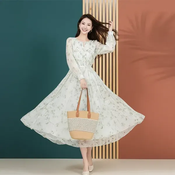 Thumbnail of Elegant Floral Pattern V Neck Long Sleeves Maxi Dress With Puff Sleeves