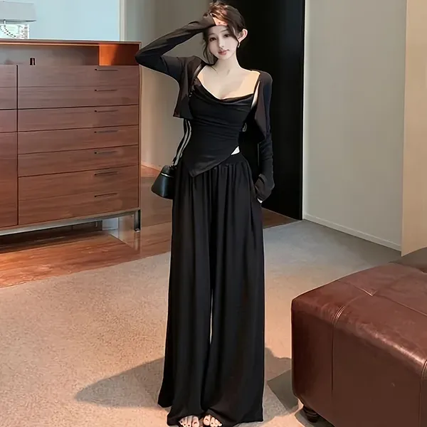 صورة مصغرة لـ طقم من 3 قطع توب بثنيات وكارديجان وبنطلون واسع