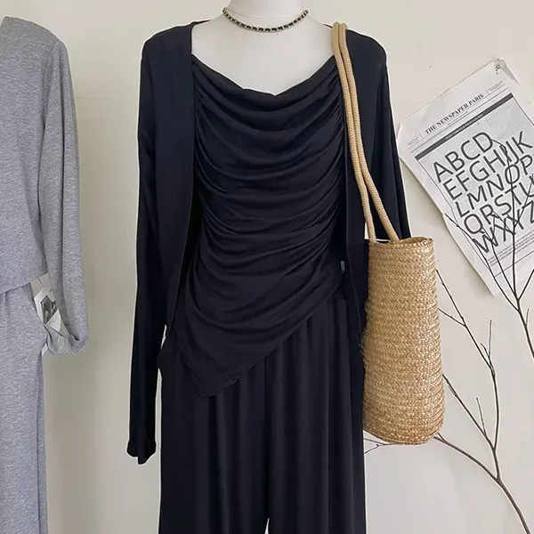 طقم من 3 قطع توب بثنيات وكارديجان وبنطلون واسع