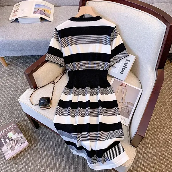 Thumbnail of Casual Striped Design Round Neck Short Sleeve Knit Knee Length Dress