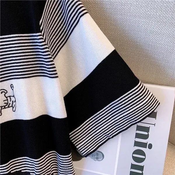 Thumbnail of Casual Striped Design Round Neck Short Sleeve Knit Knee Length Dress