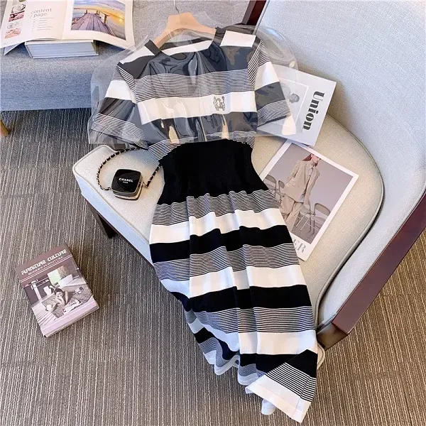 Thumbnail of Casual Striped Design Round Neck Short Sleeve Knit Knee Length Dress