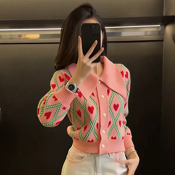 Thumbnail of Cozy Heart Pattern Button-Up Long Sleeves Mini Cardigan