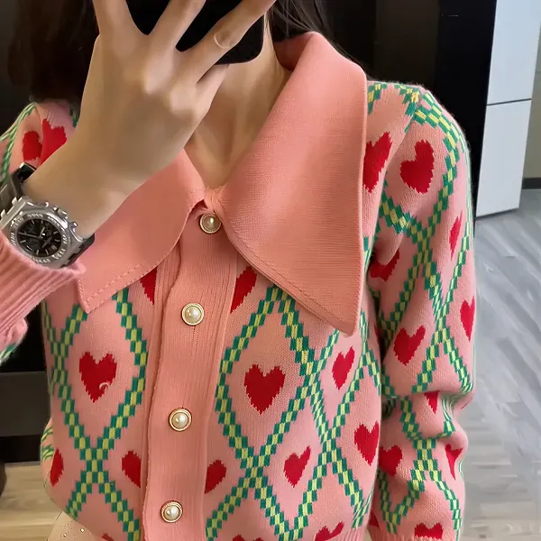 Thumbnail of Cozy Heart Pattern Button-Up Long Sleeves Mini Cardigan