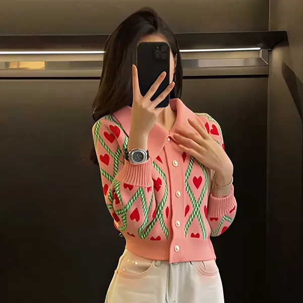 Cozy Heart Pattern Button-Up Long Sleeves Mini Cardigan