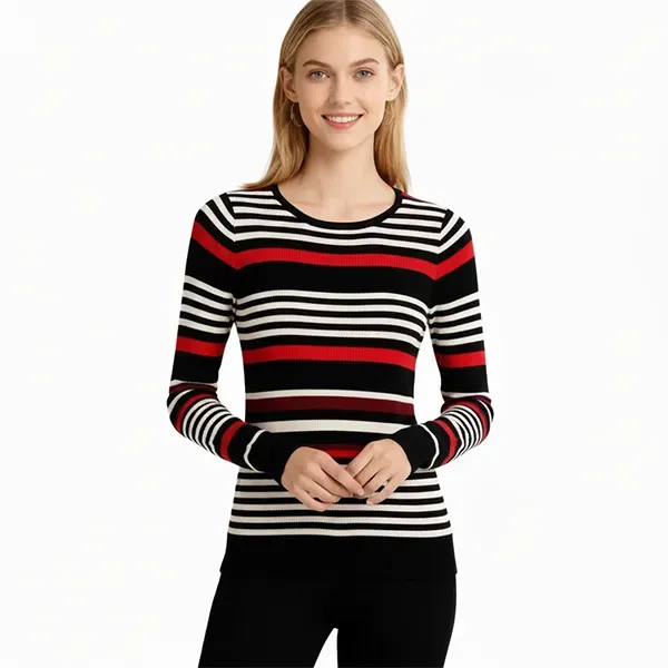 Cozy Striped Pattern Round Neck Long Sleeve Sweater Style Top
