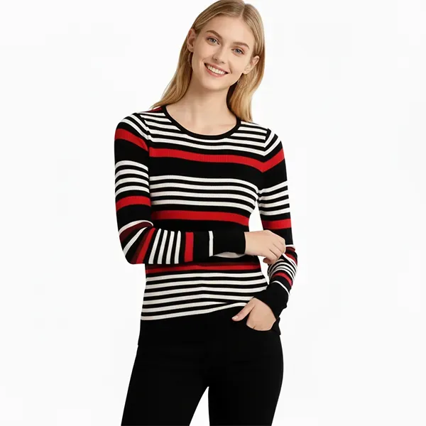 Thumbnail of Cozy Striped Pattern Round Neck Long Sleeve Sweater Style Top