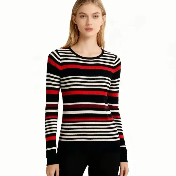 Thumbnail of Cozy Striped Pattern Round Neck Long Sleeve Sweater Style Top