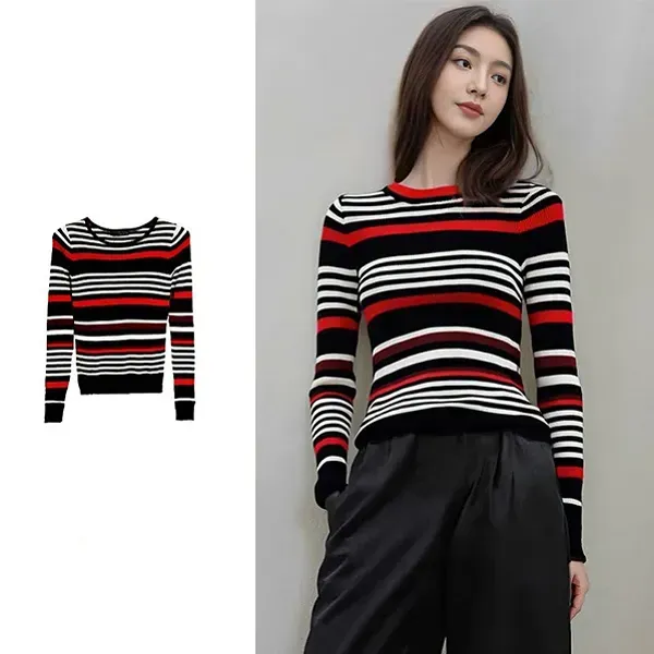 Thumbnail of Cozy Striped Pattern Round Neck Long Sleeve Sweater Style Top