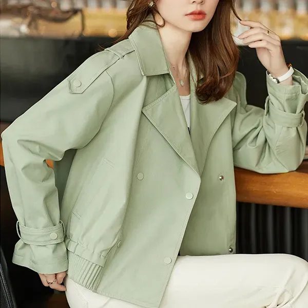 Casual Light Green Lapel Neck Button-Up Windbreaker Women's Jacket