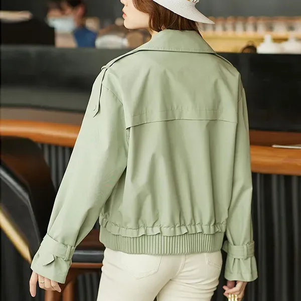 Thumbnail of Casual Light Green Lapel Neck Button-Up Windbreaker Women's Jacket