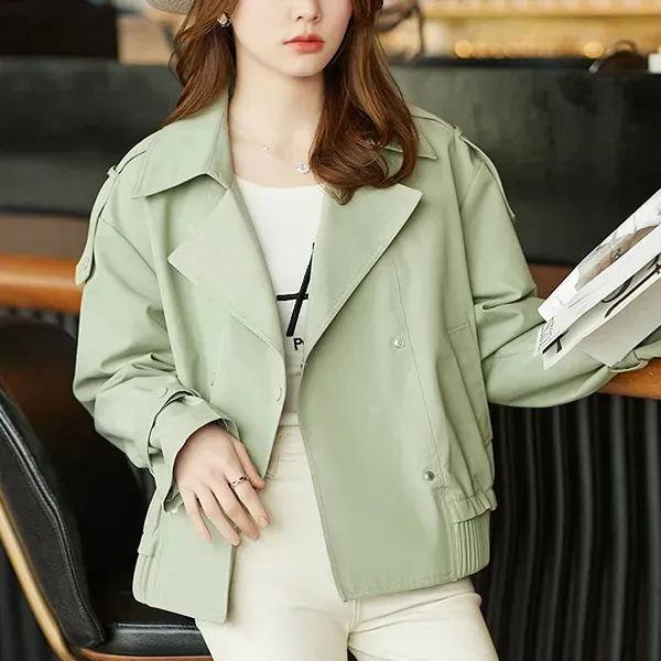 Thumbnail of Casual Light Green Lapel Neck Button-Up Windbreaker Women's Jacket