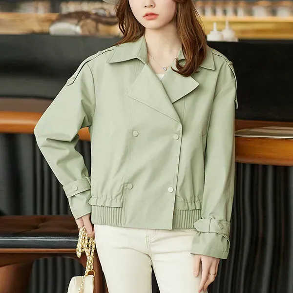 Casual Light Green Lapel Neck Button-Up Windbreaker Women's Jacket