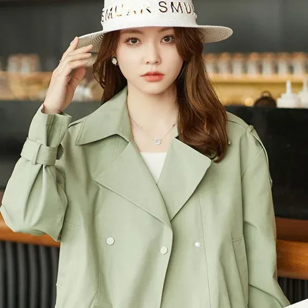 Thumbnail of Casual Light Green Lapel Neck Button-Up Windbreaker Women's Jacket