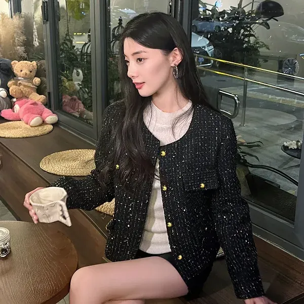Elegant Black Tweed Jacket Gold Buttons