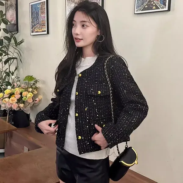 Elegant Black Tweed Jacket Gold Buttons