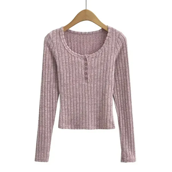 Ribbed Knit Long Sleeve Button Henley Top