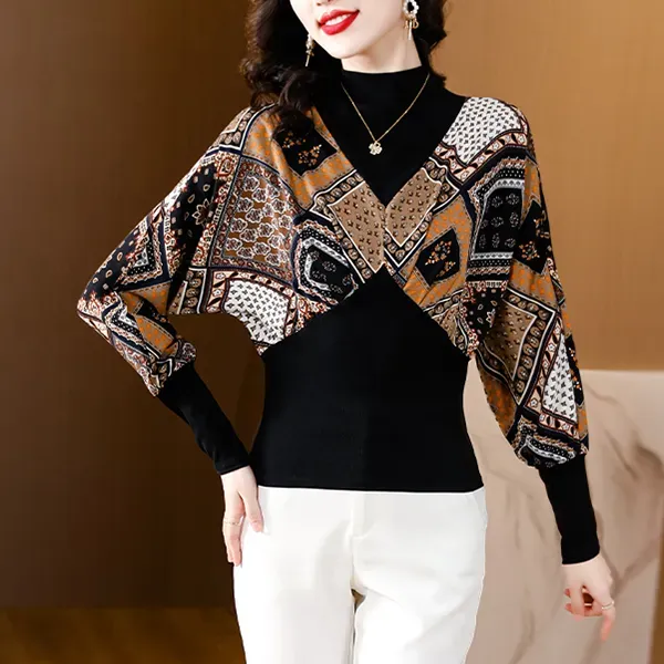 Stylish Multi Design Pattern High Neck Long Sleeve Blouse Top