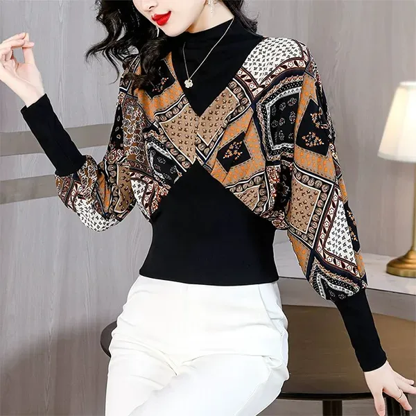 Stylish Multi Design Pattern High Neck Long Sleeve Blouse Top