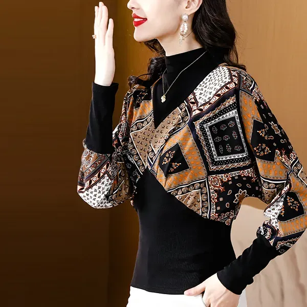 Stylish Multi Design Pattern High Neck Long Sleeve Blouse Top