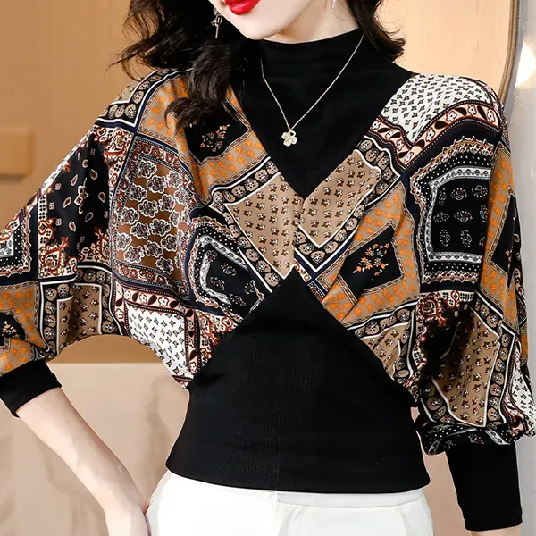 Stylish Multi Design Pattern High Neck Long Sleeve Blouse Top