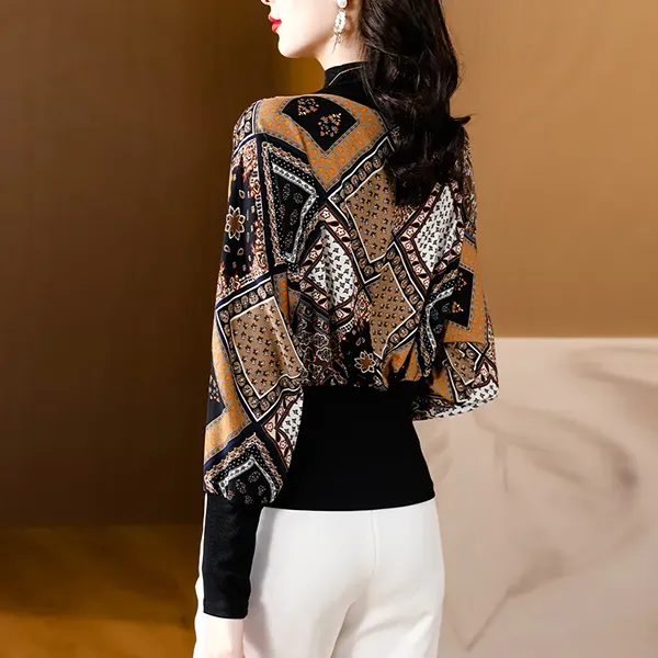 Thumbnail of Stylish Multi Design Pattern High Neck Long Sleeve Blouse Top