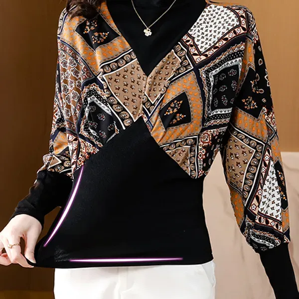 Thumbnail of Stylish Multi Design Pattern High Neck Long Sleeve Blouse Top