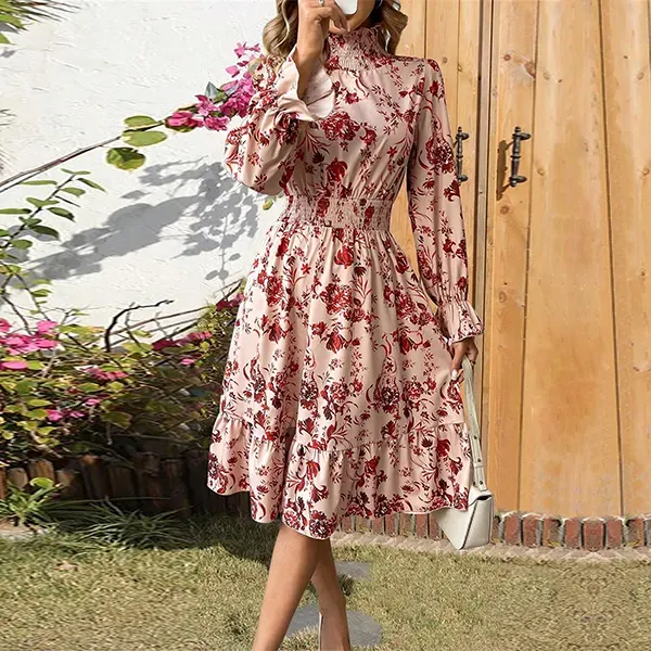 Thumbnail of Elegant Floral High-Neck Long Sleeve Midi Dress