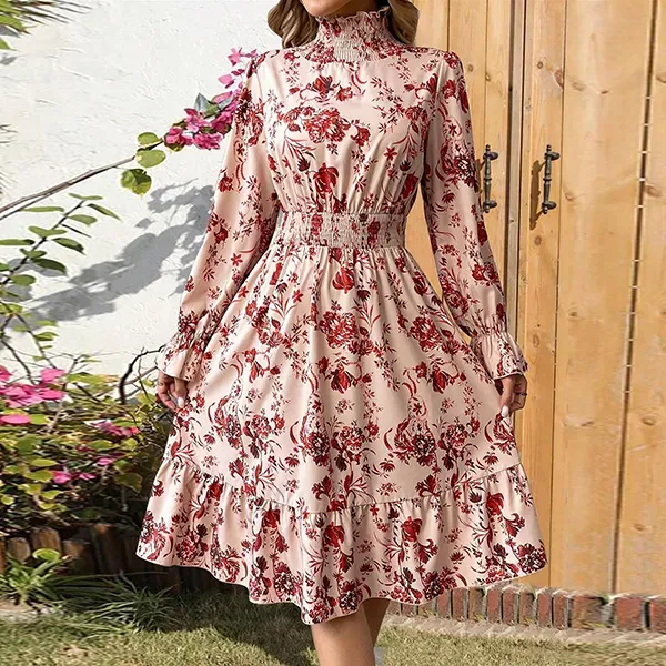 Elegant Floral High-Neck Long Sleeve Midi Dress