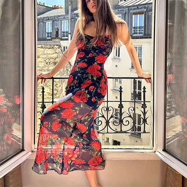 Chiffon Floral Pattern Spaghetti Strap Cocktail Formal Wear Maxi Dress