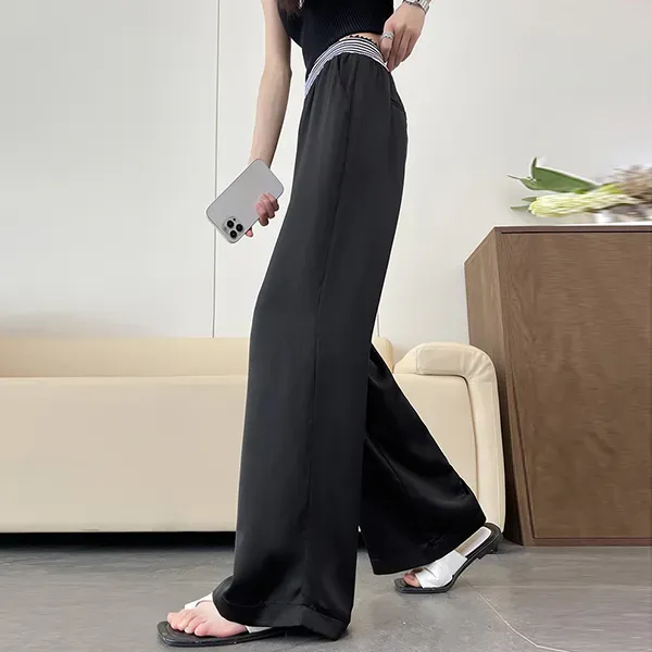 Ice Silk Wide Leg Pants With Striped Waist
