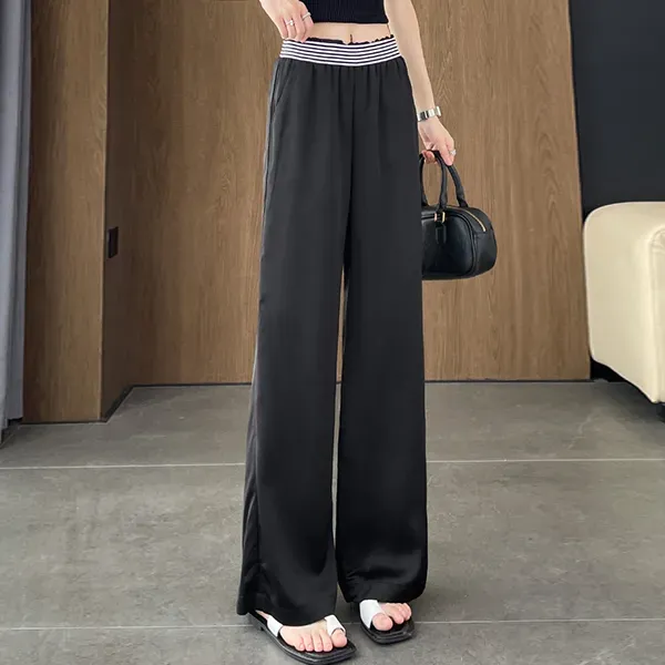 Ice Silk Wide Leg Pants With Striped Waist