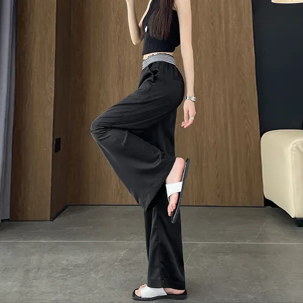 Ice Silk Wide Leg Pants With Striped Waist