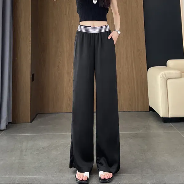 Ice Silk Wide Leg Pants With Striped Waist