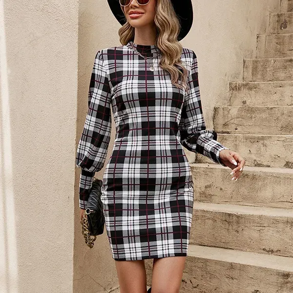 Black and White Plaid Long Sleeve Bodycon Mini Dress