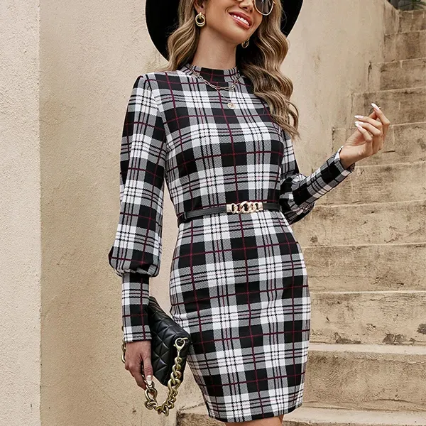 Black and White Plaid Long Sleeve Bodycon Mini Dress