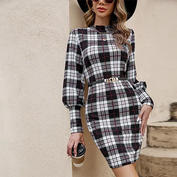 Thumbnail of Black and White Plaid Long Sleeve Bodycon Mini Dress