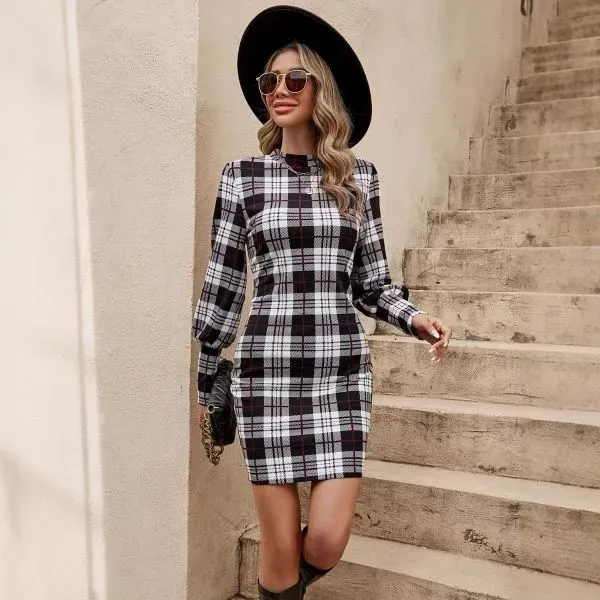 Black and White Plaid Long Sleeve Bodycon Mini Dress