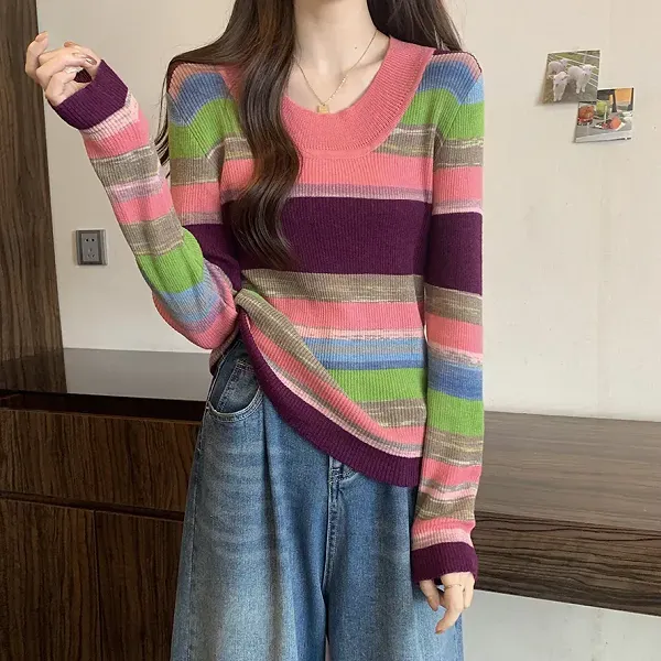 Thumbnail of Colorful Striped Ribbed Pattern Women Long Sleeve Sweater Top