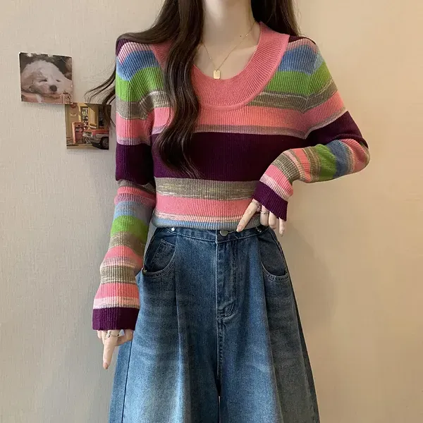 Colorful Striped Ribbed Pattern Women Long Sleeve Sweater Top
